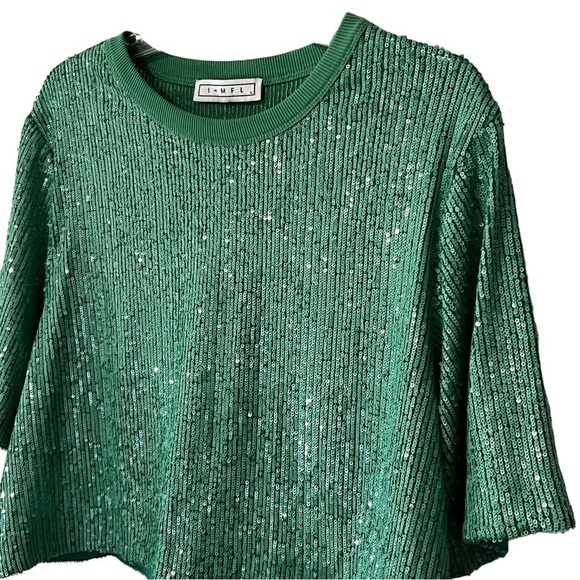 NWOT IN THE MOOD FOR LOVE Tanie Sequined Crewneck Top L Green Boxy Crop - Picture 4 of 15